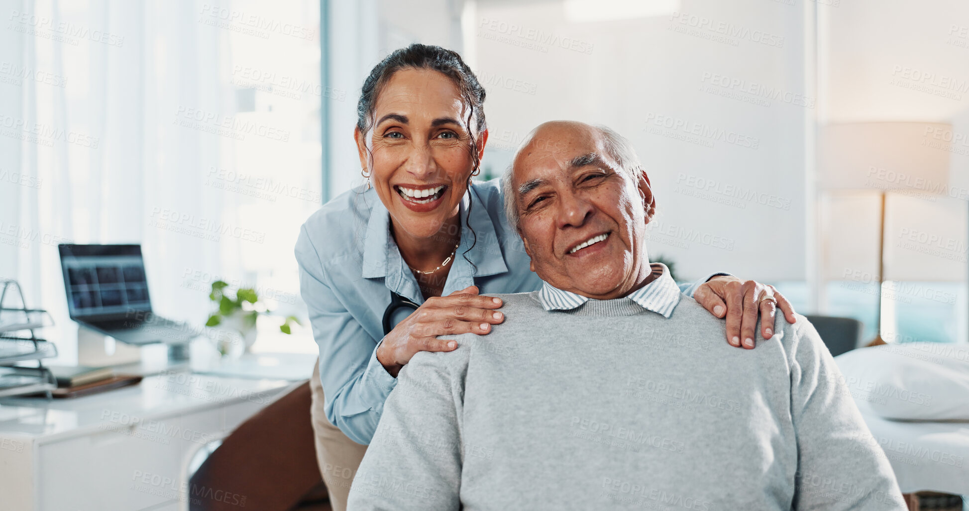 Buy stock photo Medical, old man and doctor in hospital with portrait, aging care and guidance in senior wellness. Smile, patient and gp with assistance, clinical support and happy relationship in elderly healthcare