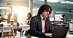 Businessman, typing and data analysis in office with laptop, sales performance report and projection. Coworking, person and analyst with computer for graphs, income stats and forecast for revenue.