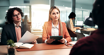 Buy stock photo Tablet, recruitment and business people with applicant in office with notebook for interview process. Document, onboarding and candidate with HR panel for meeting with job offer, coworking and tech