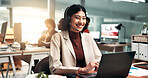 Portrait, laptop and happy woman with headset in office for customer service or communication. Female person, consultant or agent with smile on computer for virtual assistance or CRM in workplace