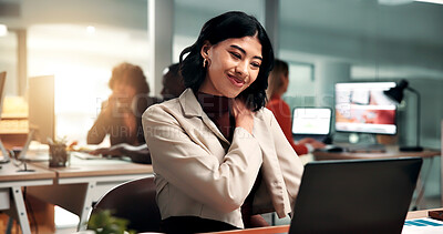 Buy stock photo Neck pain, strain and business woman with laptop in office, tension or data analyst with discomfort. Workplace, injury and person with muscle fatigue, coworking and financial analysis with technology
