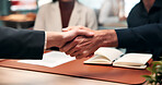 Meeting, interview and handshake with business people in office for agreement or onboarding. Group, employees or colleagues shaking hands with deal for job opportunity or partnership in workplace