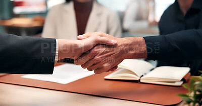 Buy stock photo Meeting, interview and shaking hands with business people in office for agreement or onboarding. Group, employees or colleagues handshake with deal for job opportunity or partnership in workplace
