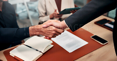 Buy stock photo Meeting, shaking hands or business people in office for agreement, recruit or onboarding partnership. Group, employees or colleagues handshake with deal for job opportunity together in workplace