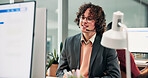 Call center, computer or happy man in office with headset, customer care or helpline in tech support. Coworking, mic or remote agent with review, CRM service or online inquiry with system assistance.