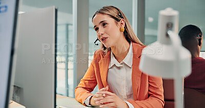 Buy stock photo Call center, computer and agent in office with headset, customer care or helpline in tech support. Coworking, mic or woman with advisory, CRM service or online inquiry with system assistance.