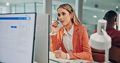 Buy stock photo Call center, computer and woman in office with headset, customer care or helpline in tech support. Coworking, mic or remote agent with review, CRM service or online inquiry with system assistance.