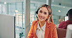 Call center, headset and woman in office with portrait, customer care and pride in tech support. Coworking, mic and happy agent with confidence, CRM service and about us in online assistance.