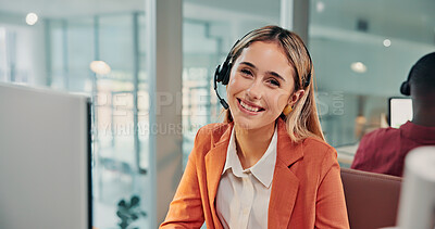 Buy stock photo Call center, headset and woman in portrait with computer, customer care and pride in tech support. Coworking, mic and happy agent with confidence, CRM service and about us in online assistance.