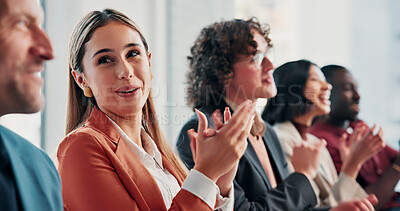 Buy stock photo Seminar, applause and happy woman with team, discussion or training session achievement in business. Corporate, audience and people with talking, celebration and clapping for success in conference