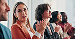 Conference, applause and happy woman with team, talking or training session achievement in business. Audience, laugh and people with smile in meeting, celebration and clapping for success in seminar