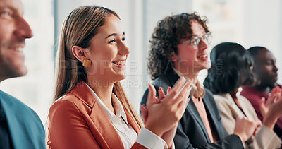 Buy stock photo Conference, applause and woman with team, laughing or happy for training session success in business. Corporate, audience and people with smile, clapping and celebration with colleagues in seminar