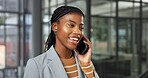 Phone call, smile and black woman in agency with chat, brand feedback and contact on creative pitch. Space, happy and campaign advisor with tech, ads briefing or client response on marketing proposal