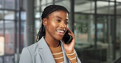 Buy stock photo Phone call, smile and black woman in agency with chat, brand feedback and contact on creative pitch. Space, happy and campaign advisor with tech, ads briefing or client response on marketing proposal