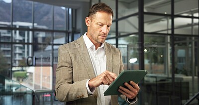Buy stock photo Review, reading or broker in office with tablet, virtual tour or seller email on property valuation. Digital, mature man and realtor with tech, listing browse and client feedback on asset investment.