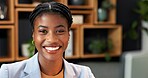 Sustainable, portrait or black woman in office with pride, esg advisor or confidence in eco startup. Happy, ambition or csr consultant with smile, environmental service or about us in green business.