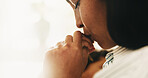 Mother, holding hands and baby at house with kiss, love and parental support for maternal nurturing. Space, woman and infant in home with affection, emotional bonding and gentle touch for connection