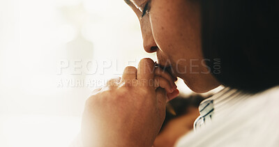 Buy stock photo Mother, holding hands and baby at house with kiss, love and parental support for maternal nurturing. Space, woman and infant in home with affection, emotional bonding and gentle touch for connection