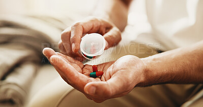 Buy stock photo Man, hands and pills with container for prescription drugs, medical treatment and cure for recovery. Person, wellness and capsule medicine for vitamins, supplements and healing from health condition.
