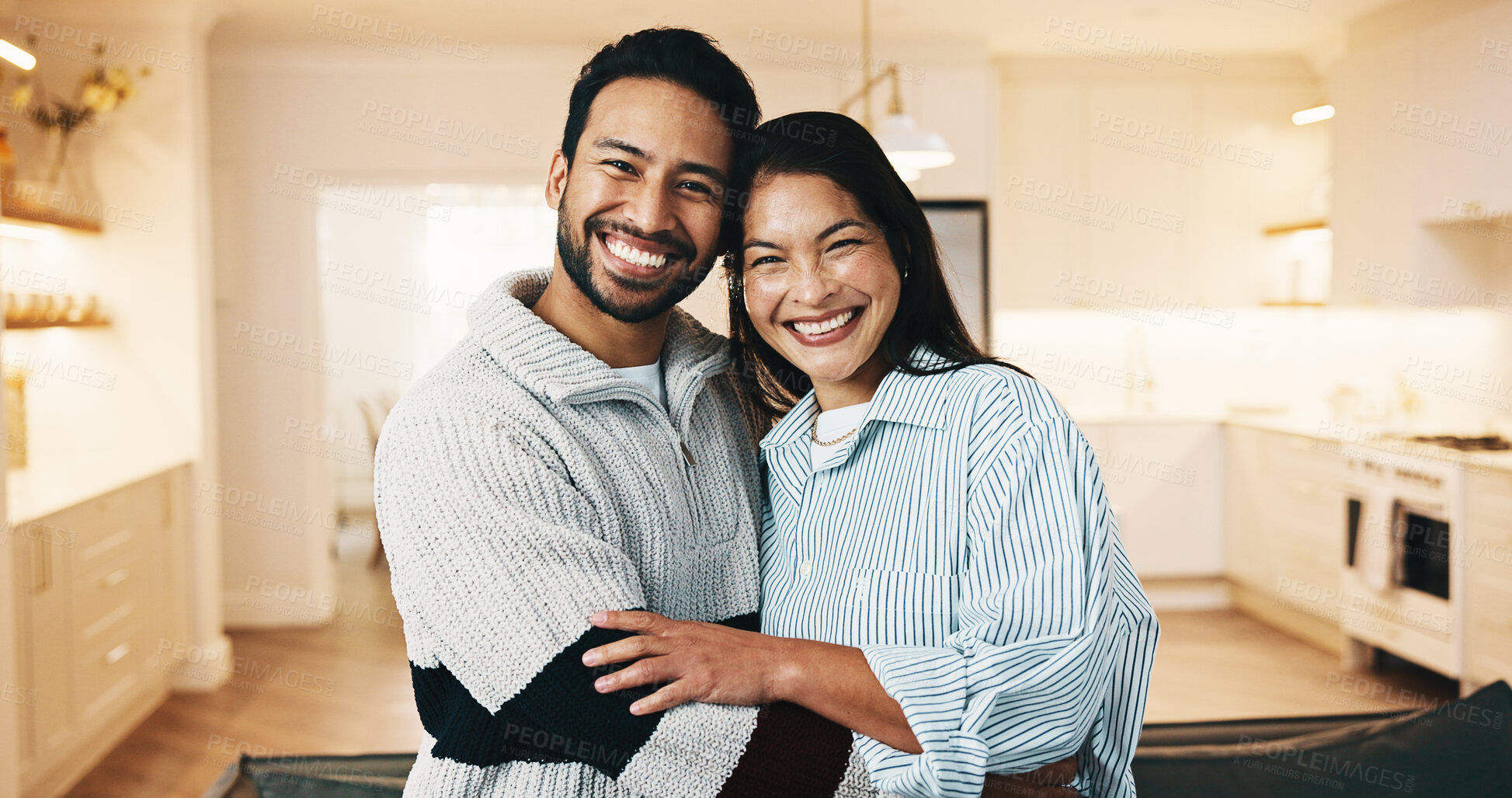 Buy stock photo Happy couple, portrait and hug in kitchen, love and relax with partner on break or marriage loyalty. People, embrace and connection with spouse, care and smile for relationship commitment in house