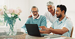 Senior, parents or man on laptop for advice, app guide or password setup for investment account. Family, happy people and son with help, digital literacy or explain login for pension portal in home