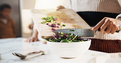 Buy stock photo Hands, person and cooking in kitchen with knife, meal prep and chopping vegetables for healthy food. Chef, family and cutting ingredients in home with board, culinary skills and vegan salad for lunch
