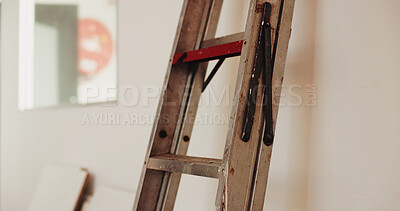 Buy stock photo Ladder, building or equipment for renovation, DIY or safety with brick wall for security. Empty, space and steps with climbing aid, level or gear for moving, interior design or structure development