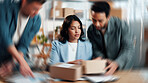Woman, stress and logistics in small business with distribution, shipping or delivery deadline. Team, blur and overwhelmed with multitasking for supply chain manager with documents, box or clipboard