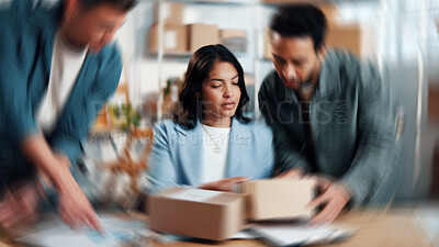 Buy stock photo Woman, stress and logistics in small business with distribution, shipping or delivery deadline. Team, blur and overwhelmed with multitasking for supply chain manager with documents, box or clipboard