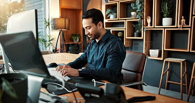 Buy stock photo Business man, typing or programming in office for app development, website design or coding. Person, computer and building software program for technology, programmer and UX planning in workplace