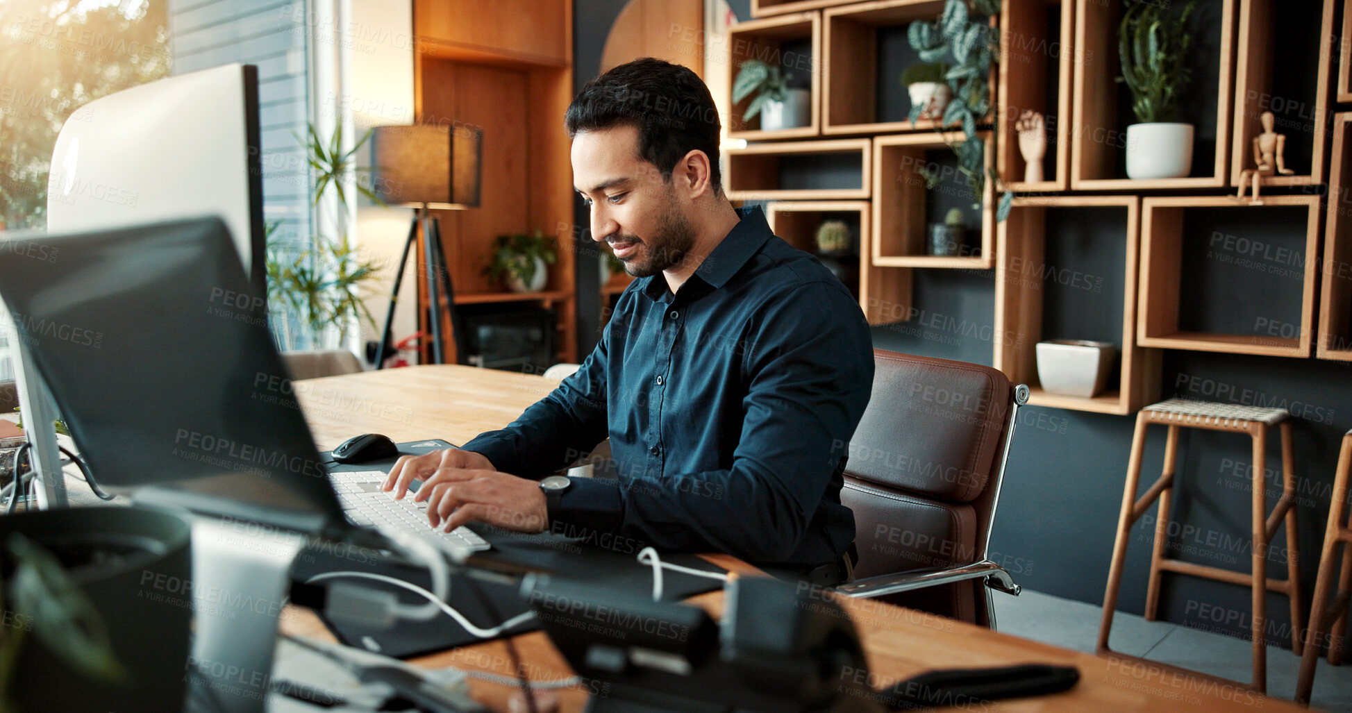 Buy stock photo Business man, typing or programming in office for app development, website design or coding. Person, computer and building software program for technology, programmer and UX planning in workplace