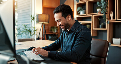 Buy stock photo Business man, typing and smile in office for app development, website design or coding. Person, computer and building software program for technology, programming and UX planning in workplace