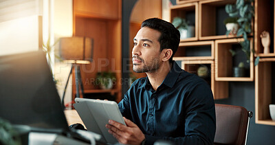 Buy stock photo Businessman, reading and research in office with computer, stock market app and consider investment. Financial trader, person or investor check company shares in workplace with tech, website or plan