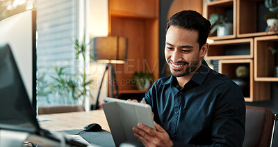 Buy stock photo Happy, businessman and research in office with tablet, stock market website and consider investment. Financial trader, person or investor check company shares in agency with smile, tech and planning