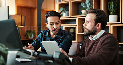 Buy stock photo Business, review or men in agency with tablet, funding idea or partnership discussion on sales pitch. Brief, digital or finance advisor with tech, budget feedback or teamwork on investment proposal