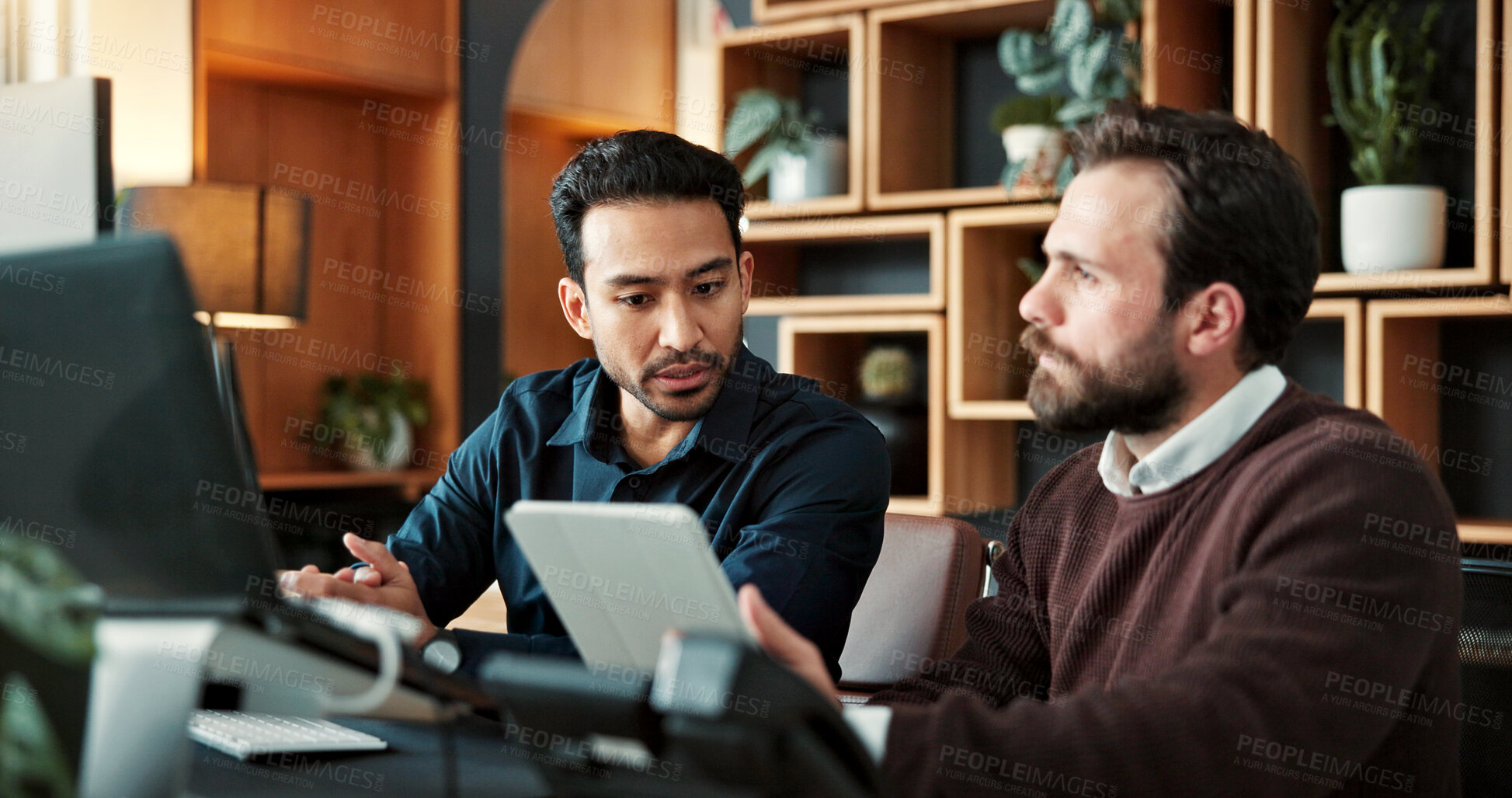 Buy stock photo Business, review or men in agency with tablet, funding idea or partnership discussion on sales pitch. Brief, digital or finance advisor with tech, budget feedback or teamwork on investment proposal