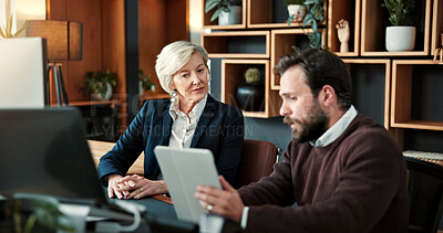 Buy stock photo Business, review or team in office with tablet, funding idea or collaboration on sales pitch. Brief, people or finance advisor with tech, budget report or partnership feedback on investment proposal