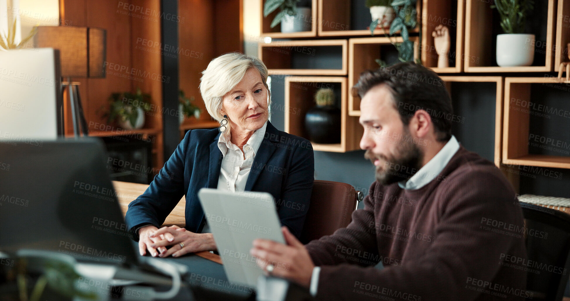 Buy stock photo Business, review or team in office with tablet, funding idea or collaboration on sales pitch. Brief, people or finance advisor with tech, budget report or partnership feedback on investment proposal