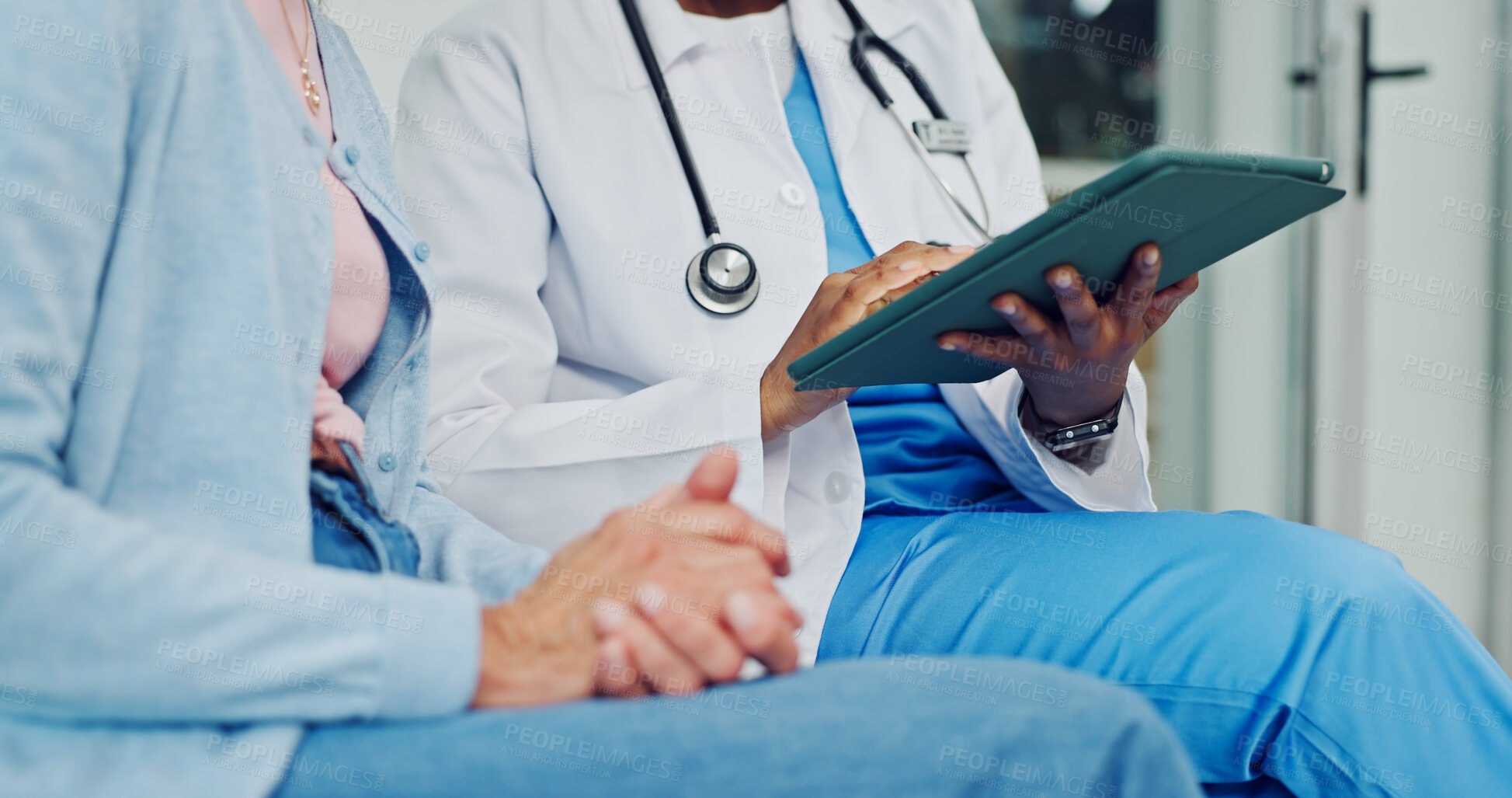 Buy stock photo Doctor, tablet and old woman hands with consultation, disease diagnosis or treatment plan in clinic. Medical worker, senior person and meeting with tech, online test results and checkup for health
