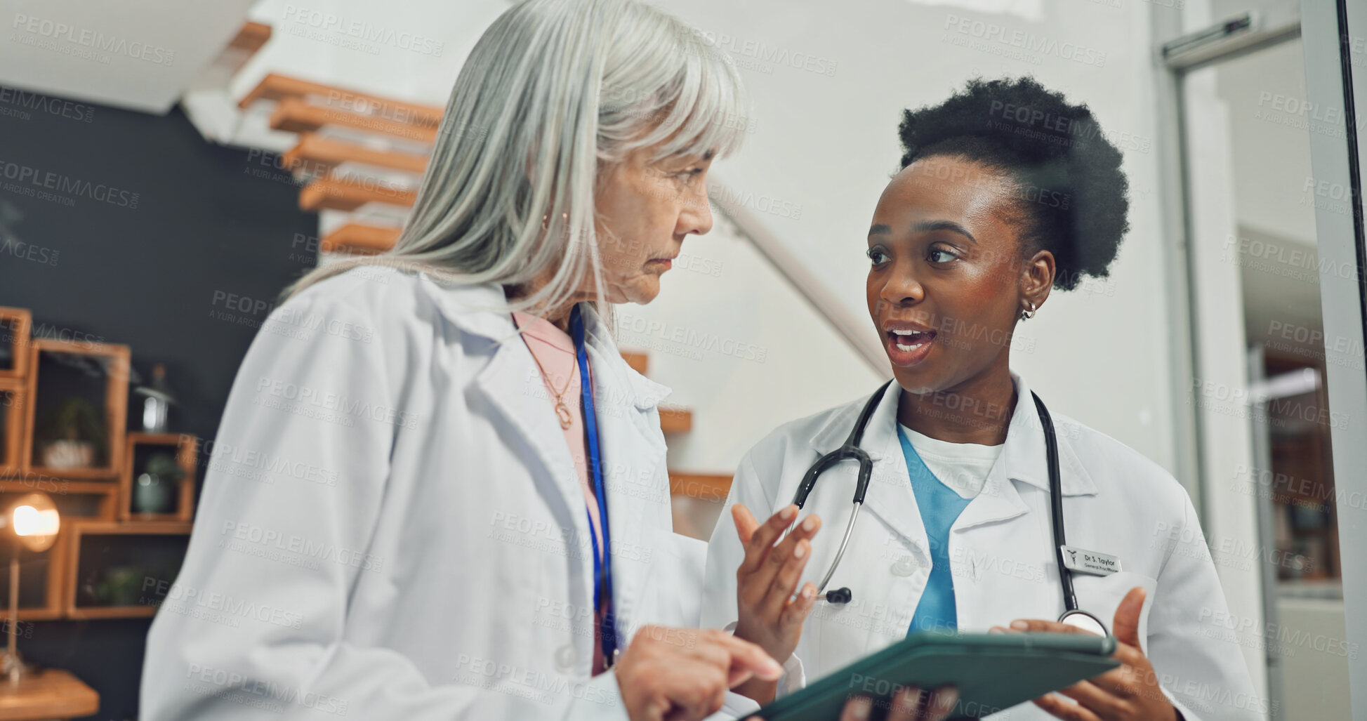 Buy stock photo Doctors, discussion and women with tablet in office, teamwork or manager with medical advice on web. Healthcare, collaboration and people with tech for treatment plan and talk with health report