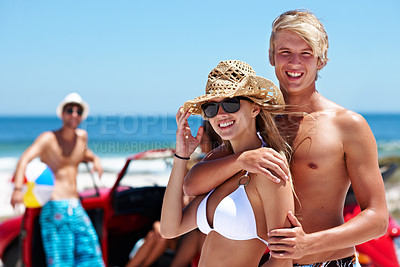 Buy stock photo Road trip, friends or couple at ocean with portrait, bonding together or fun moment on summer break. Love, space or people with car, happy relationship or outdoor connection on beach vacation.