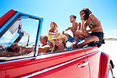 Buy stock photo Beach, happy friends and road trip in car for drive, adventure and bonding on summer vacation. Convertible, smile and people travel on holiday with portrait, journey and relax together in transport