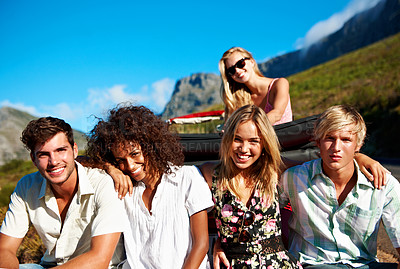Buy stock photo Car, road trip and portrait of people outdoor for holiday, getaway or weekend together. Smile, break and group of friends on summer vacation for connection, bonding or travel with adventure in nature