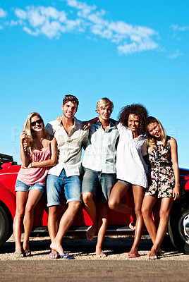Buy stock photo Portrait, friends and road trip outdoor with car, support and summer holiday adventure for bonding. Space, happy people and vehicle by street with unity, travel exploration and journey for vacation.