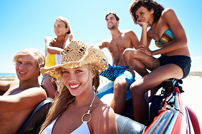 Buy stock photo Friends, driving and happy in car on road trip, connection and adventure together on summer vacation. Outdoor, portrait and people with smile on holiday, bonding and travel in vehicle and journey