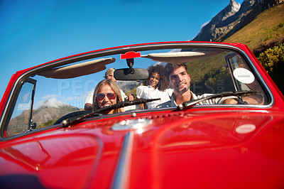 Buy stock photo Road trip, fun or friends in nature with vehicle, bonding together or happy moment on getaway. Travel, smile or people outdoor with car, vacation connection or summer break with auto adventure.