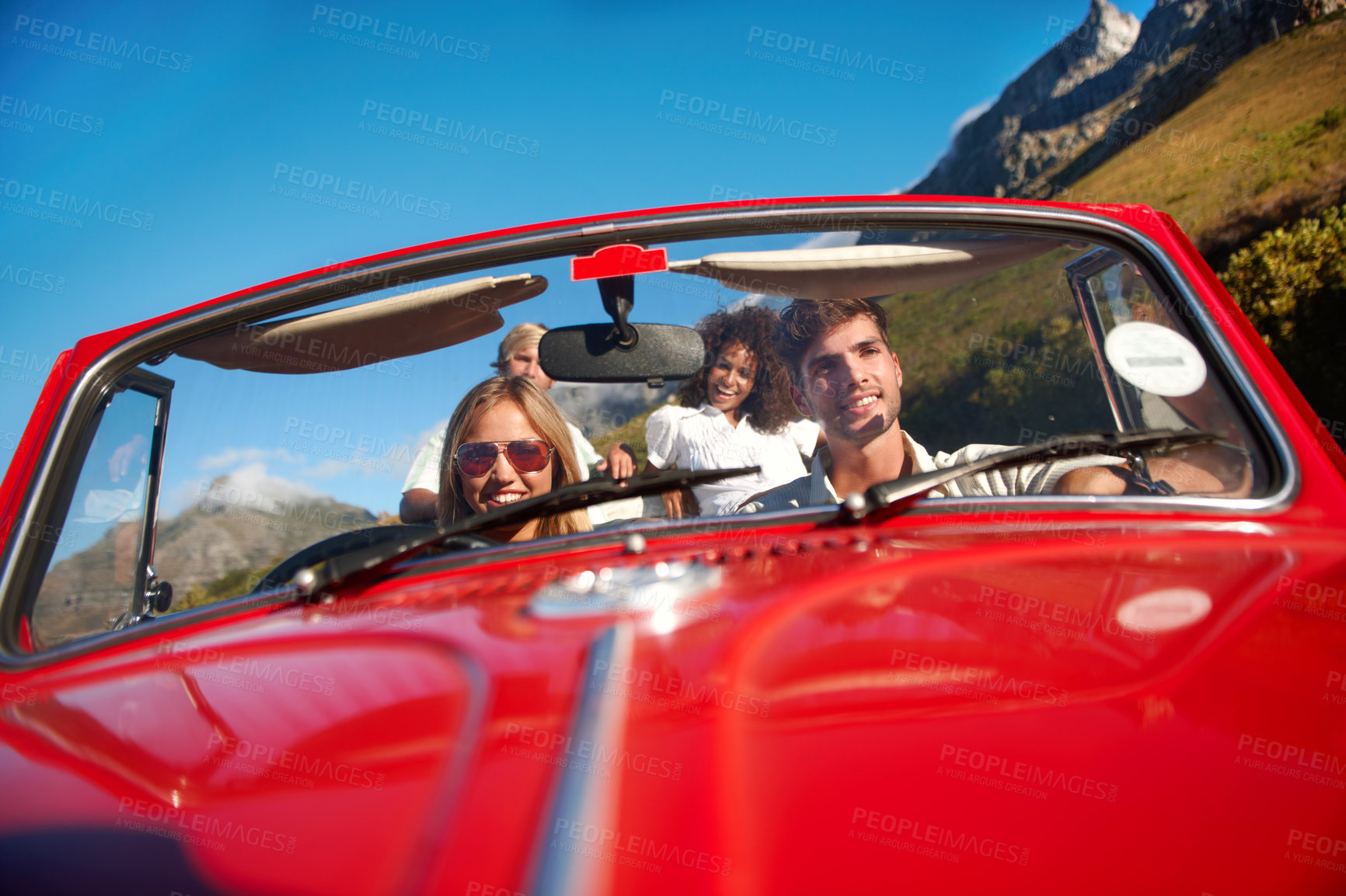 Buy stock photo Road trip, fun or friends in nature with vehicle, bonding together or happy moment on getaway. Travel, smile or people outdoor with car, vacation connection or summer break with auto adventure.