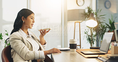 Buy stock photo Business, phone and recording memo with woman at desk in office for finance or investment career. App, risk management and voice note with financial employee in corporate workplace for development 