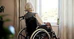 Thinking, patient and old woman in wheelchair, assisted living and remember decision and retirement. Nursing home, back and senior person with disability, reflection and remembering past on break