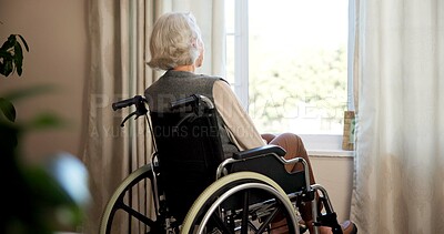 Buy stock photo Thinking, patient and old woman in wheelchair, assisted living and remember decision and retirement. Nursing home, back and senior person with disability, reflection and contemplating past on break